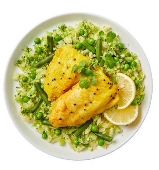 Malabar Spiced Golden Fish with Broccoli Rice