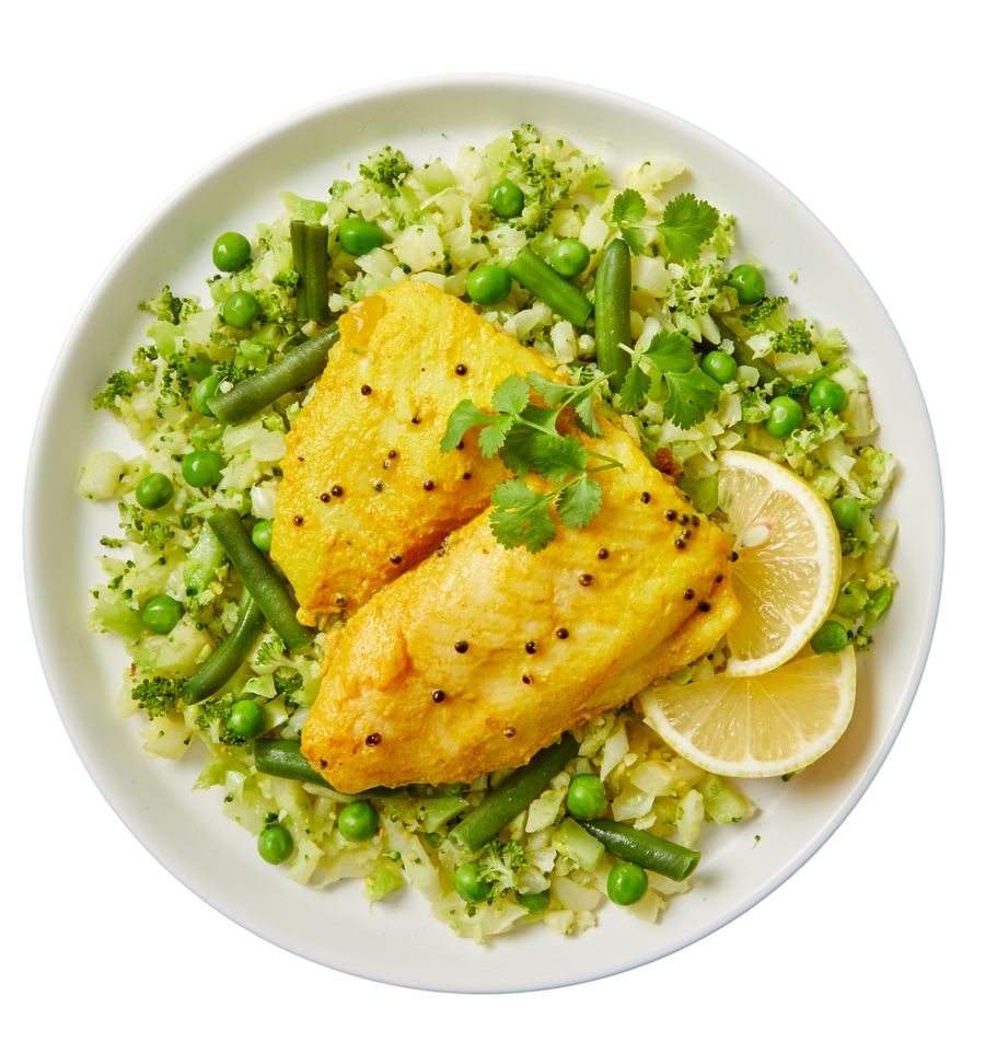 Malabar Spiced Golden Fish with Broccoli Rice
