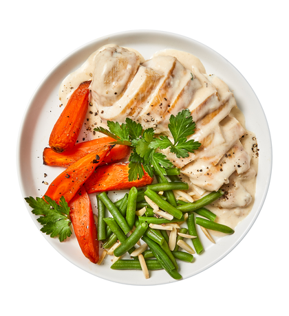 Parmesan Chicken, Roasted Green Beans and Glazed Carrots