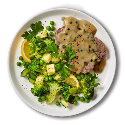 Steak with Peppercorn Sauce and Mixed Veg