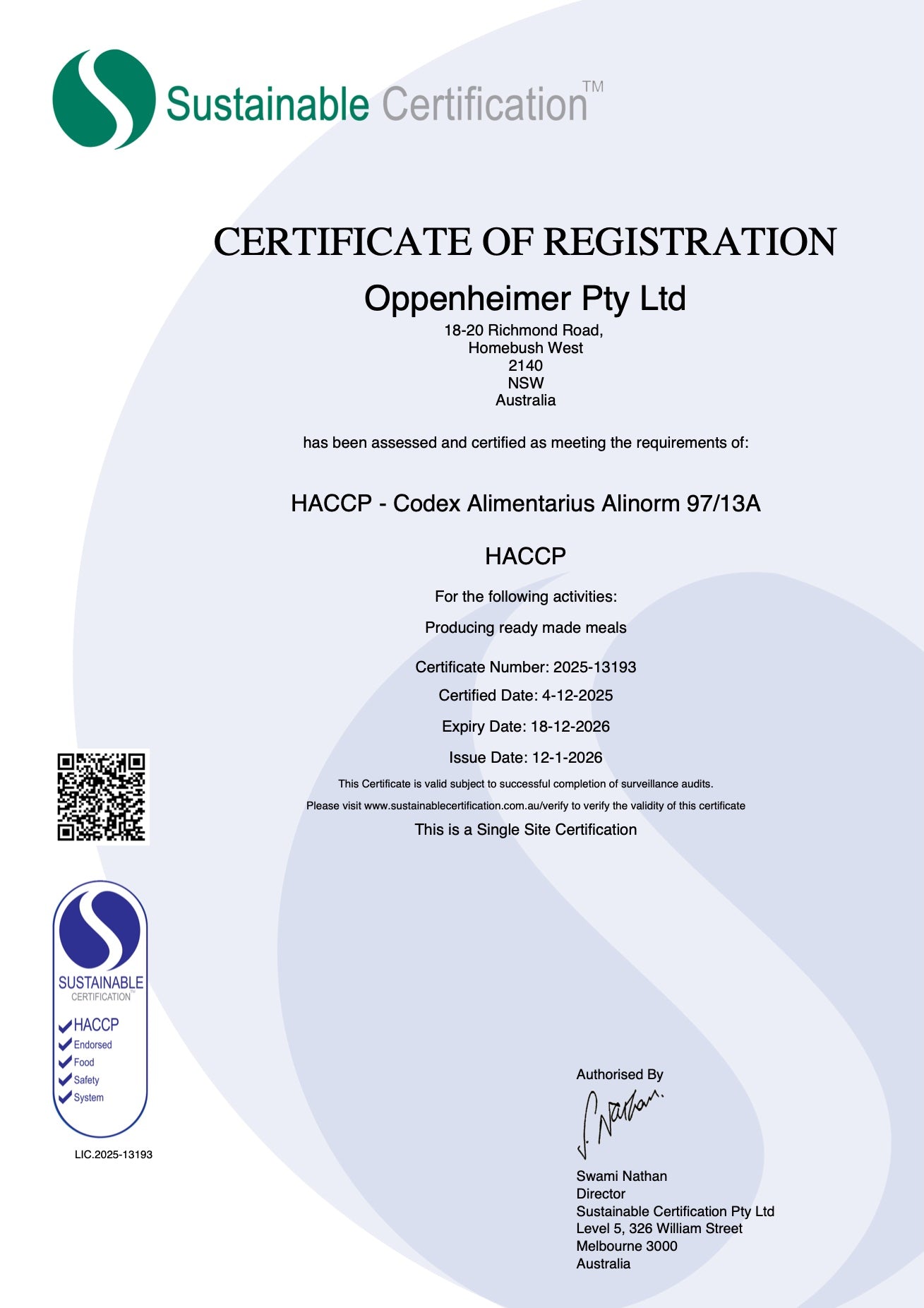 HACCP certificate, page 1