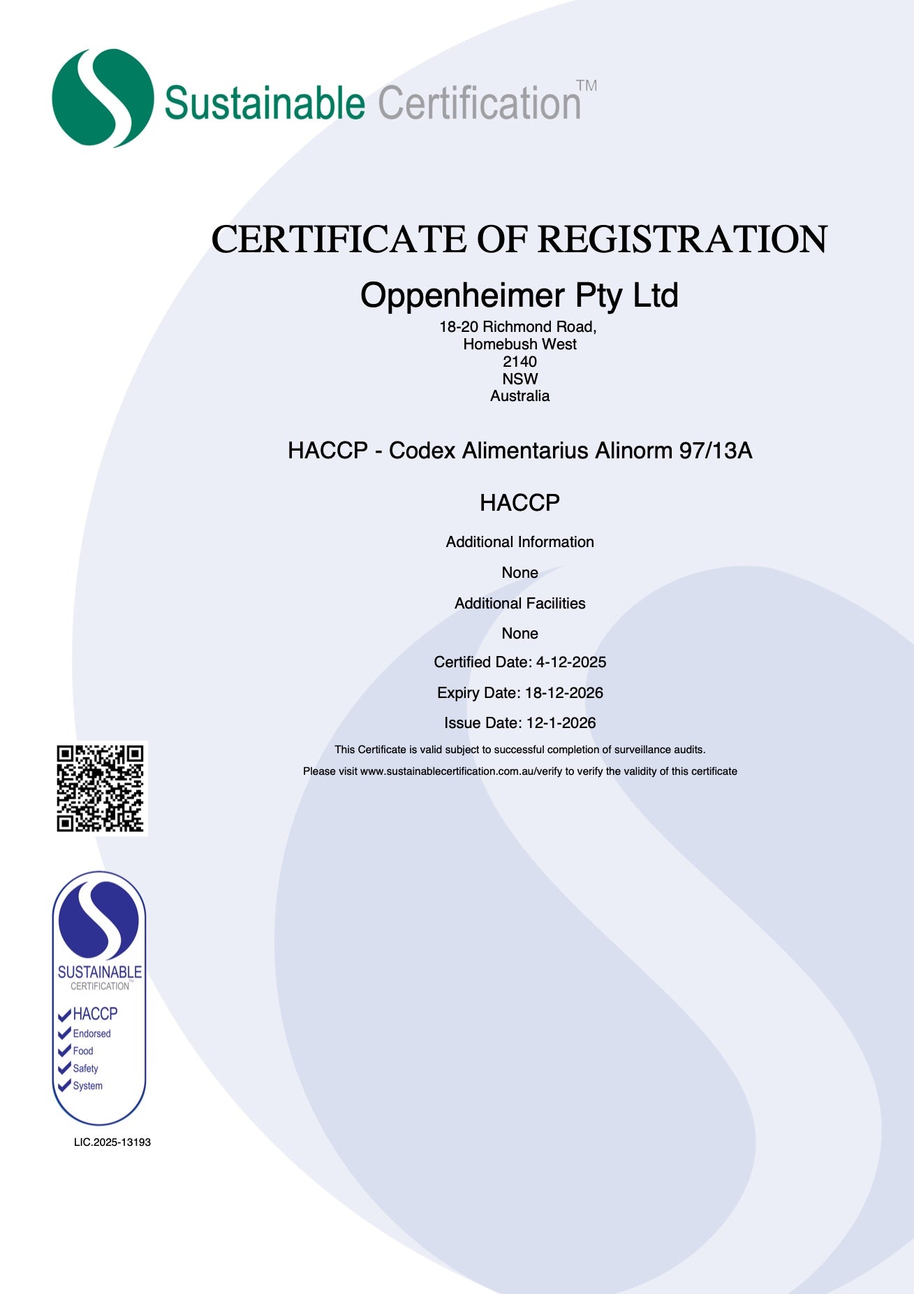 HACCP certificate, page 2